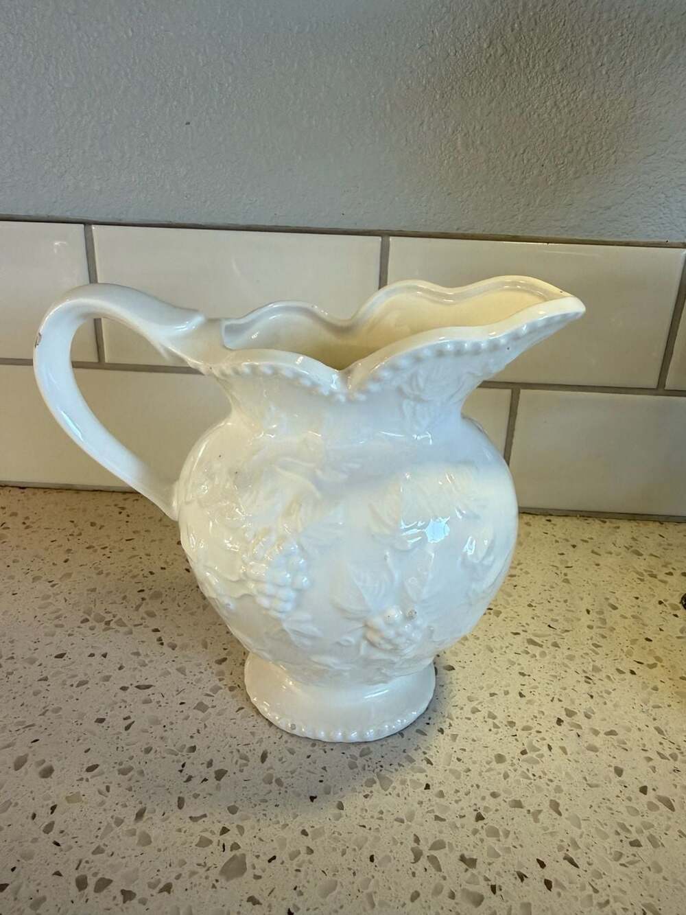 Vintage Ardco Dallas Japan Embossed Grape and Leaf White Ceramic Pitcher